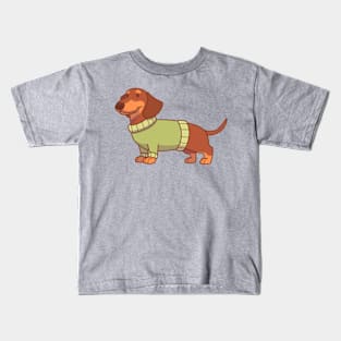 Chocolate & tan dachshund wearing a green sweater Kids T-Shirt